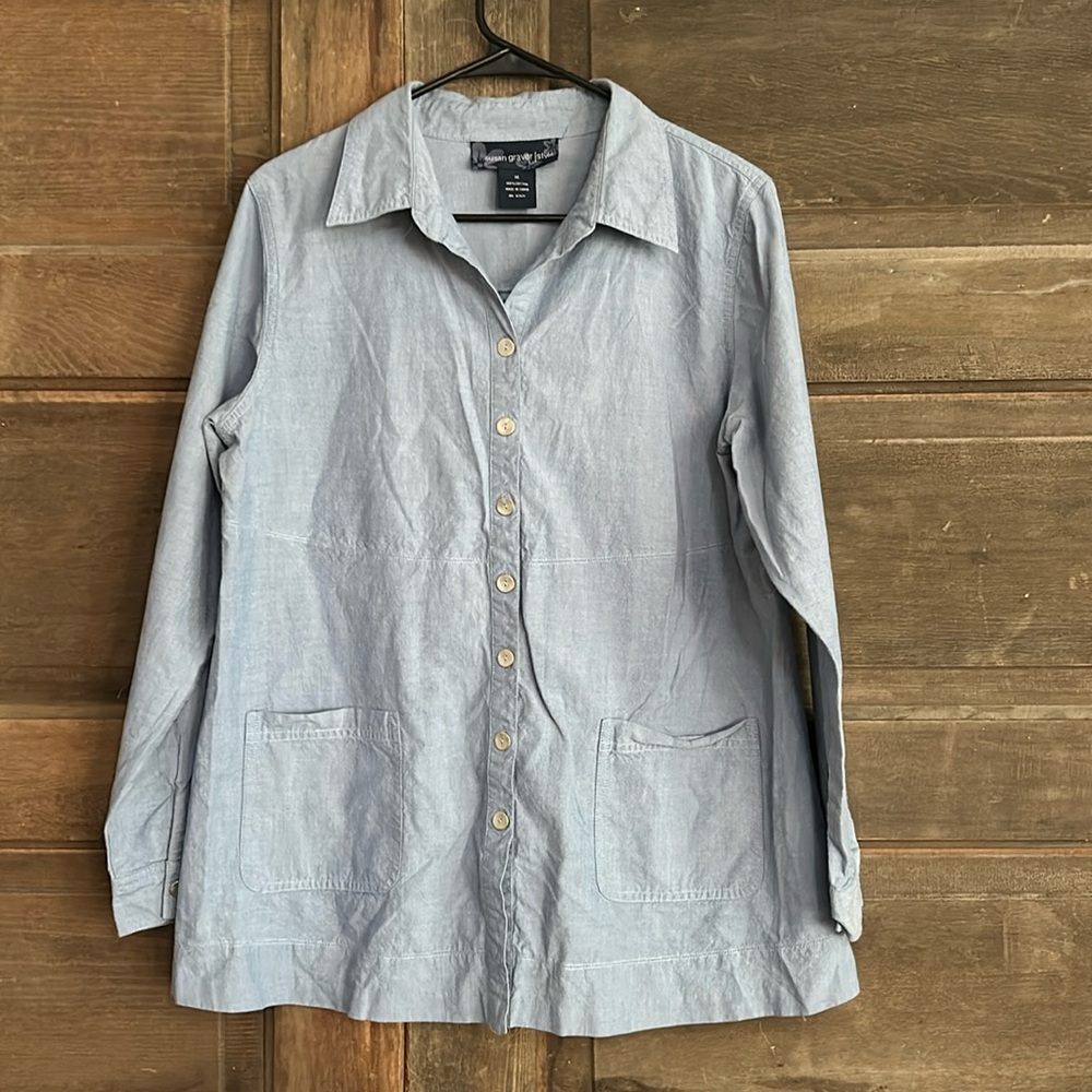 Susan Graver Pure‎ Tunic Shirt 100% Cotton Blue Button Up lightweight